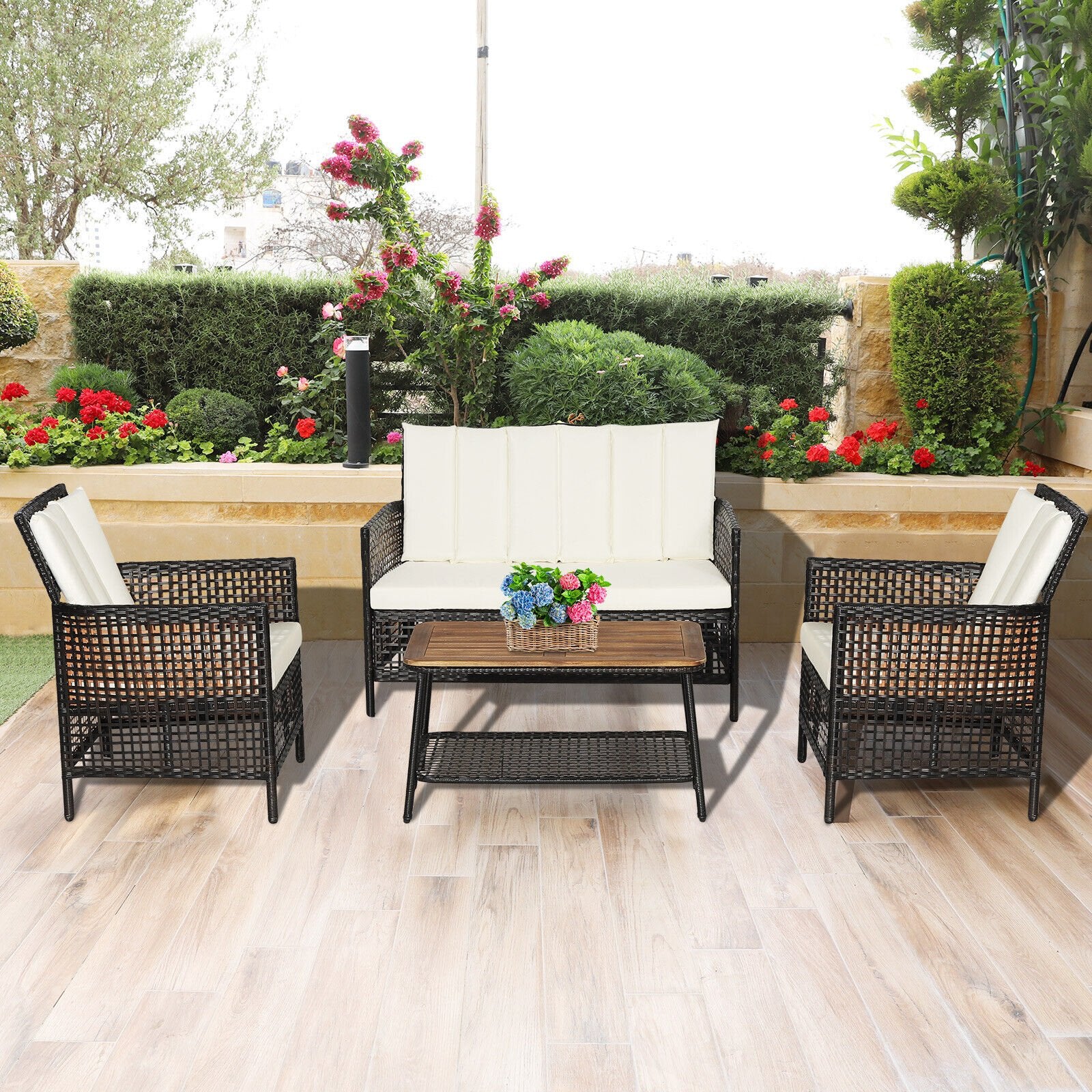 4 Pieces Patio Rattan Furniture Set with 2-Tier Coffee Table, White Patio Conversation Sets   at Gallery Canada