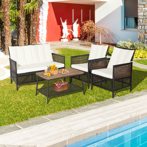 4 Pieces Patio Rattan Furniture Set with 2-Tier Coffee Table, White