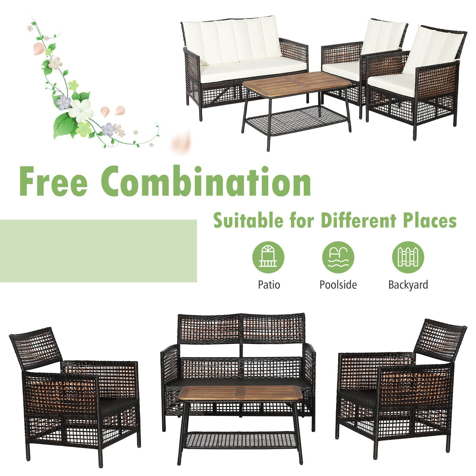 4 Pieces Patio Rattan Furniture Set with 2-Tier Coffee Table, White Patio Conversation Sets   at Gallery Canada