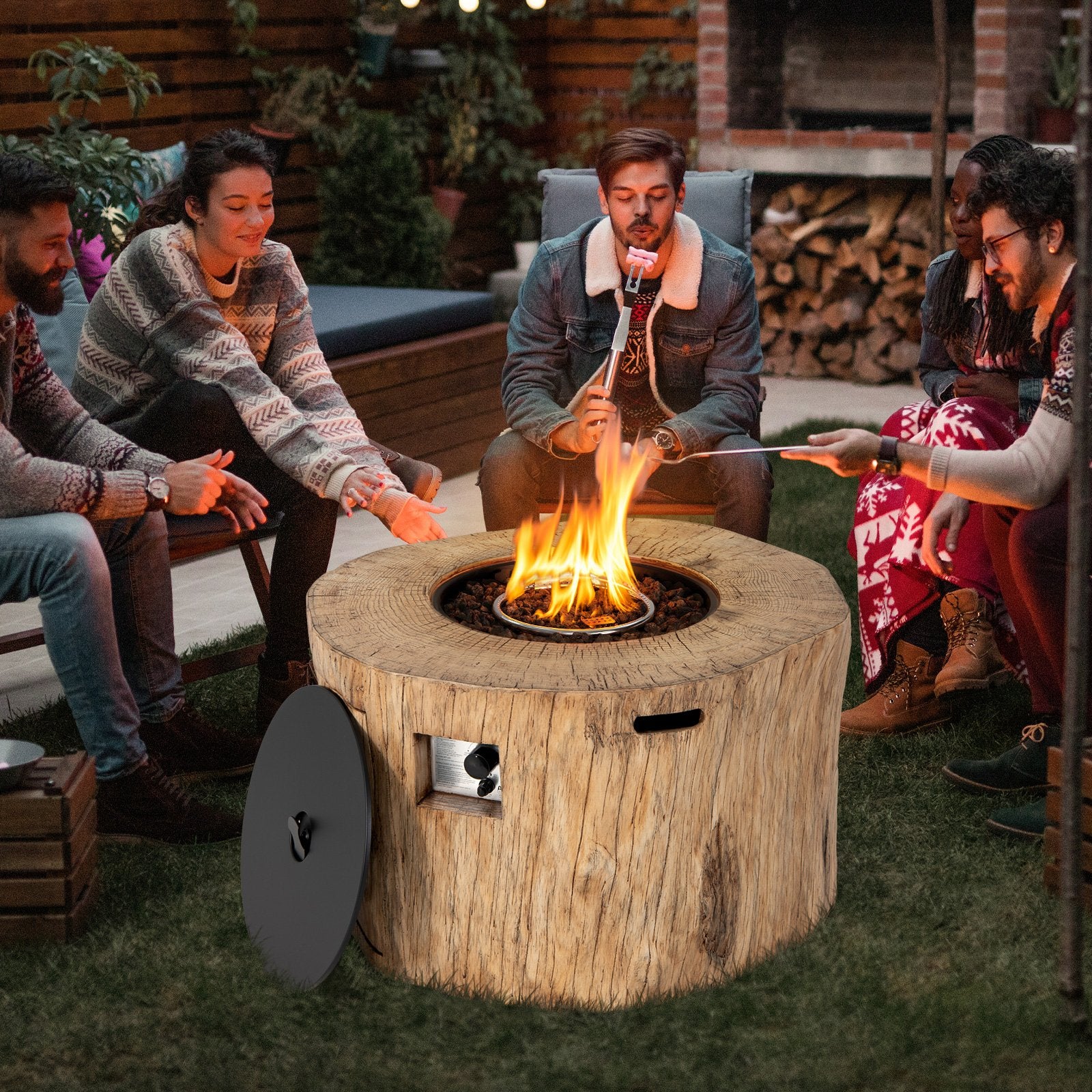 40 Inch Round Propane Gas Fire Pit Table Wood-Like Surface with Laval Rock PVC Cover, Natural - Gallery Canada