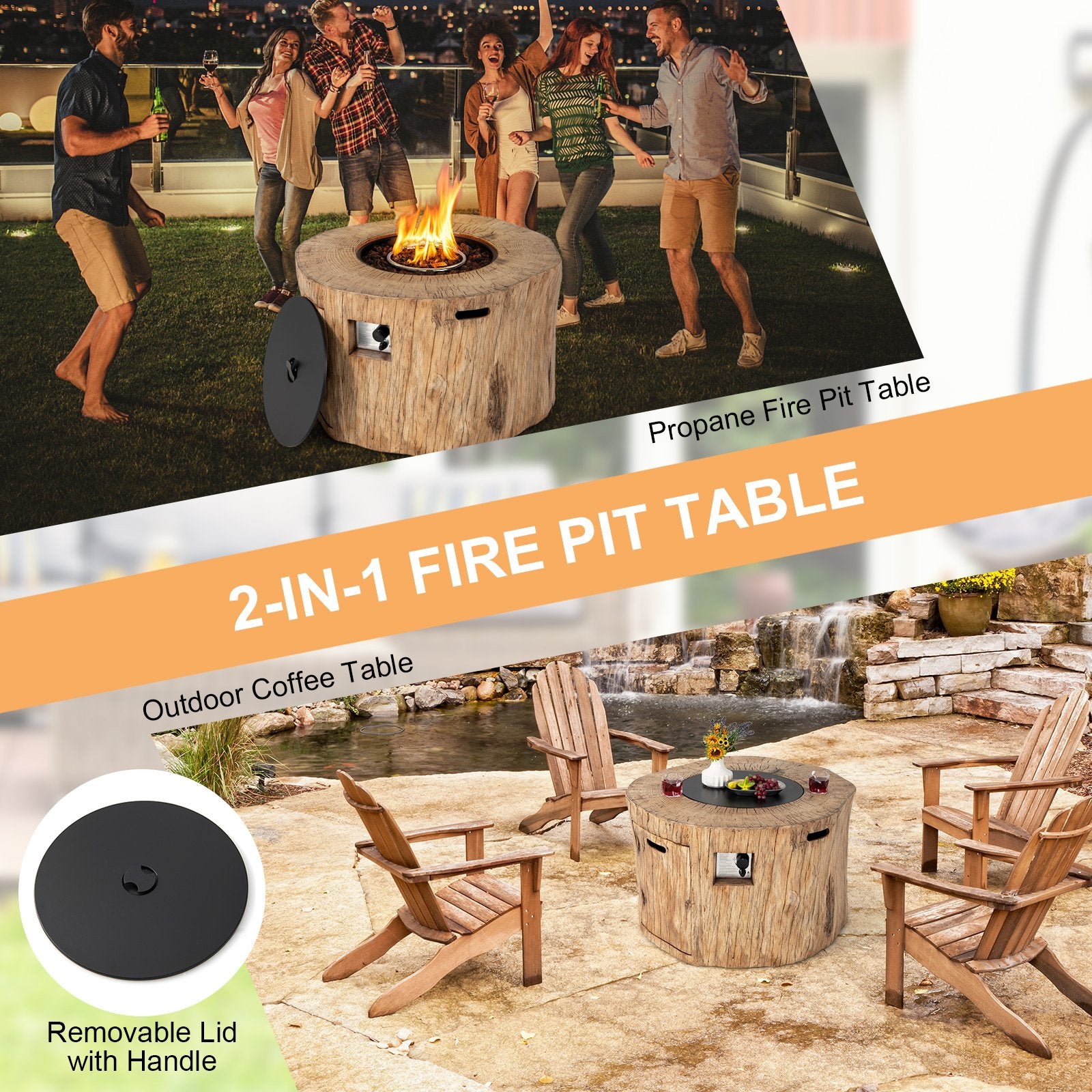 40 Inch Round Propane Gas Fire Pit Table Wood-Like Surface with Laval Rock PVC Cover, Natural - Gallery Canada