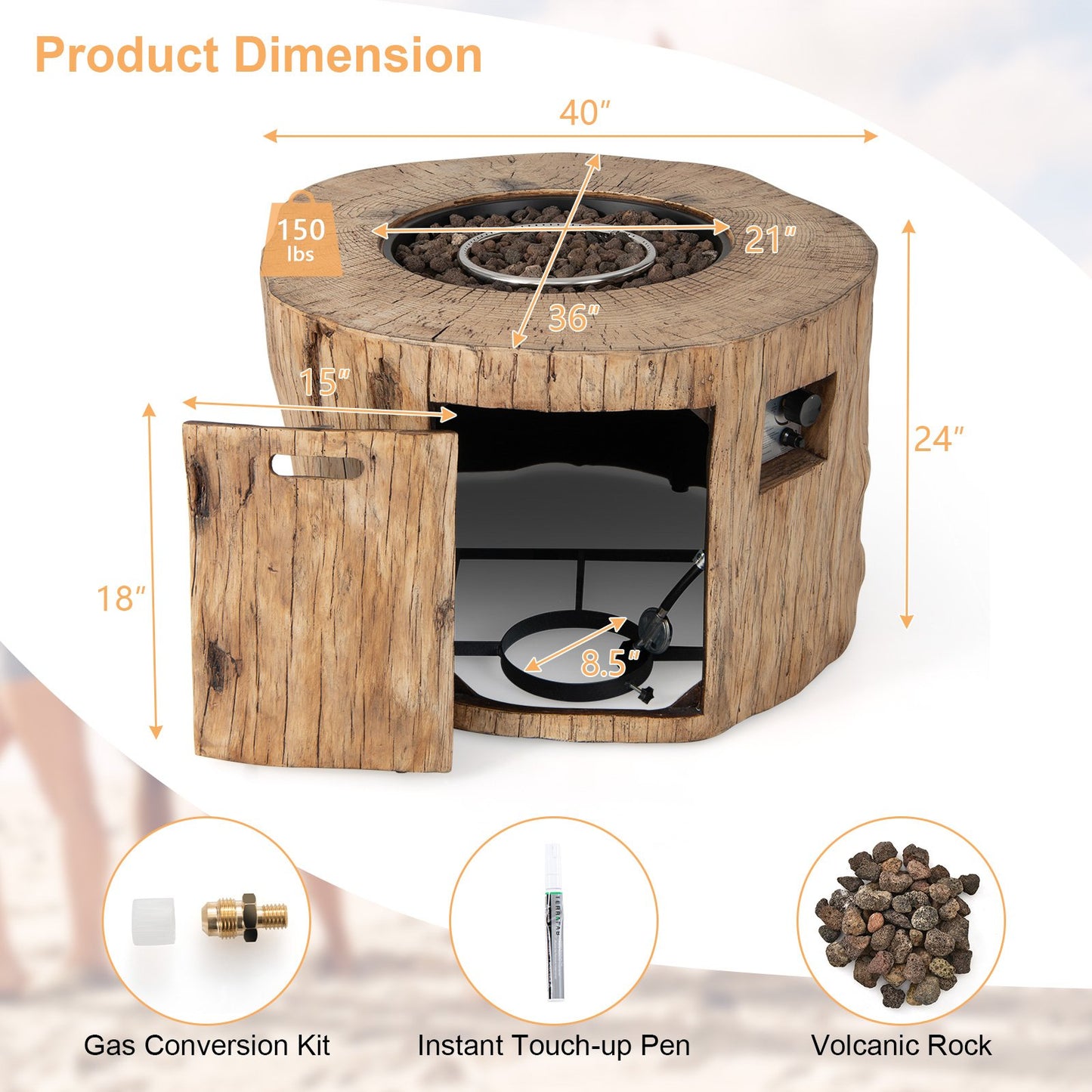 40 Inch Round Propane Gas Fire Pit Table Wood-Like Surface with Laval Rock PVC Cover, Natural - Gallery Canada