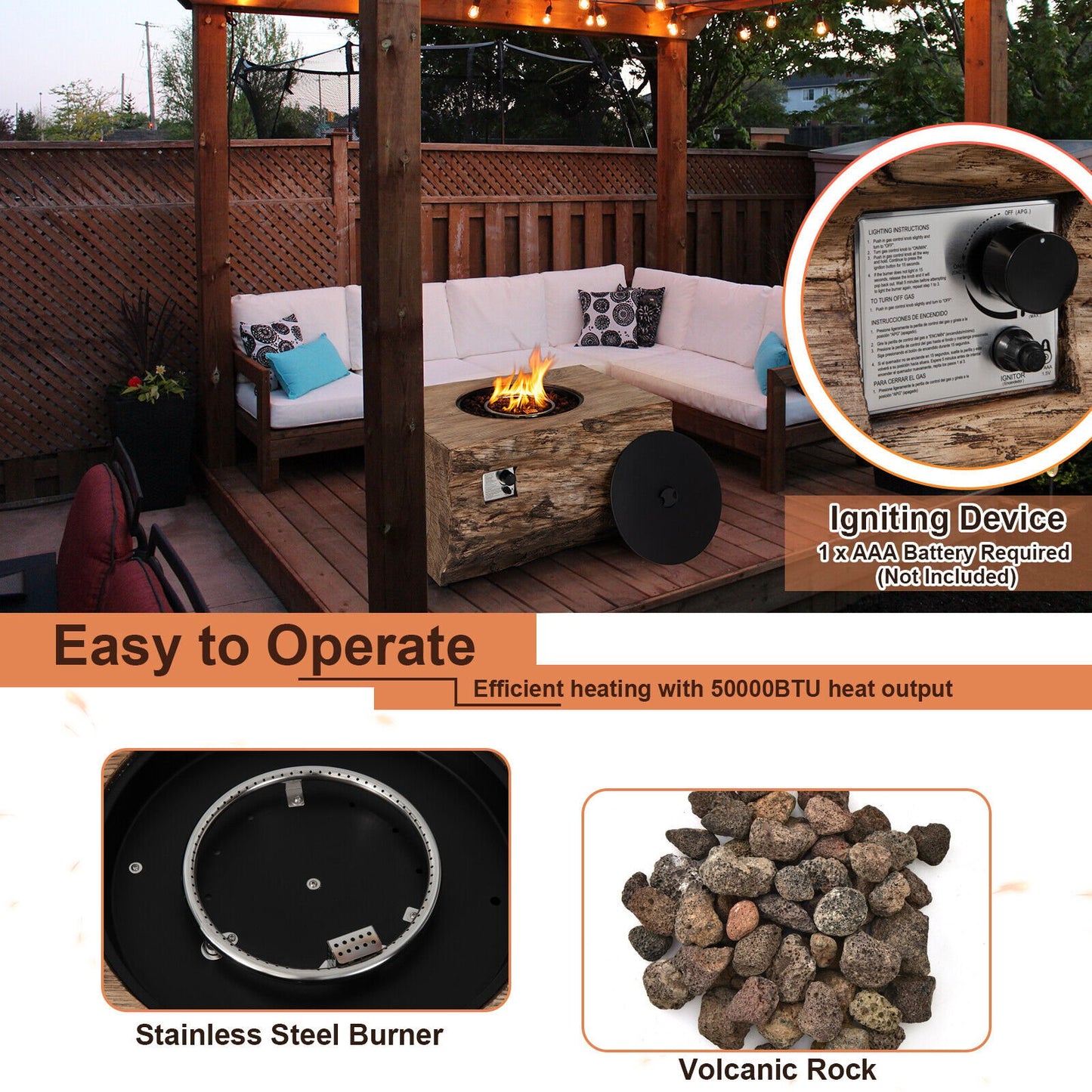 40 Inch Rectangle Propane Fire Pit Table Wood-Like Surface with Lava Rock PVC Cover, Natural - Gallery Canada