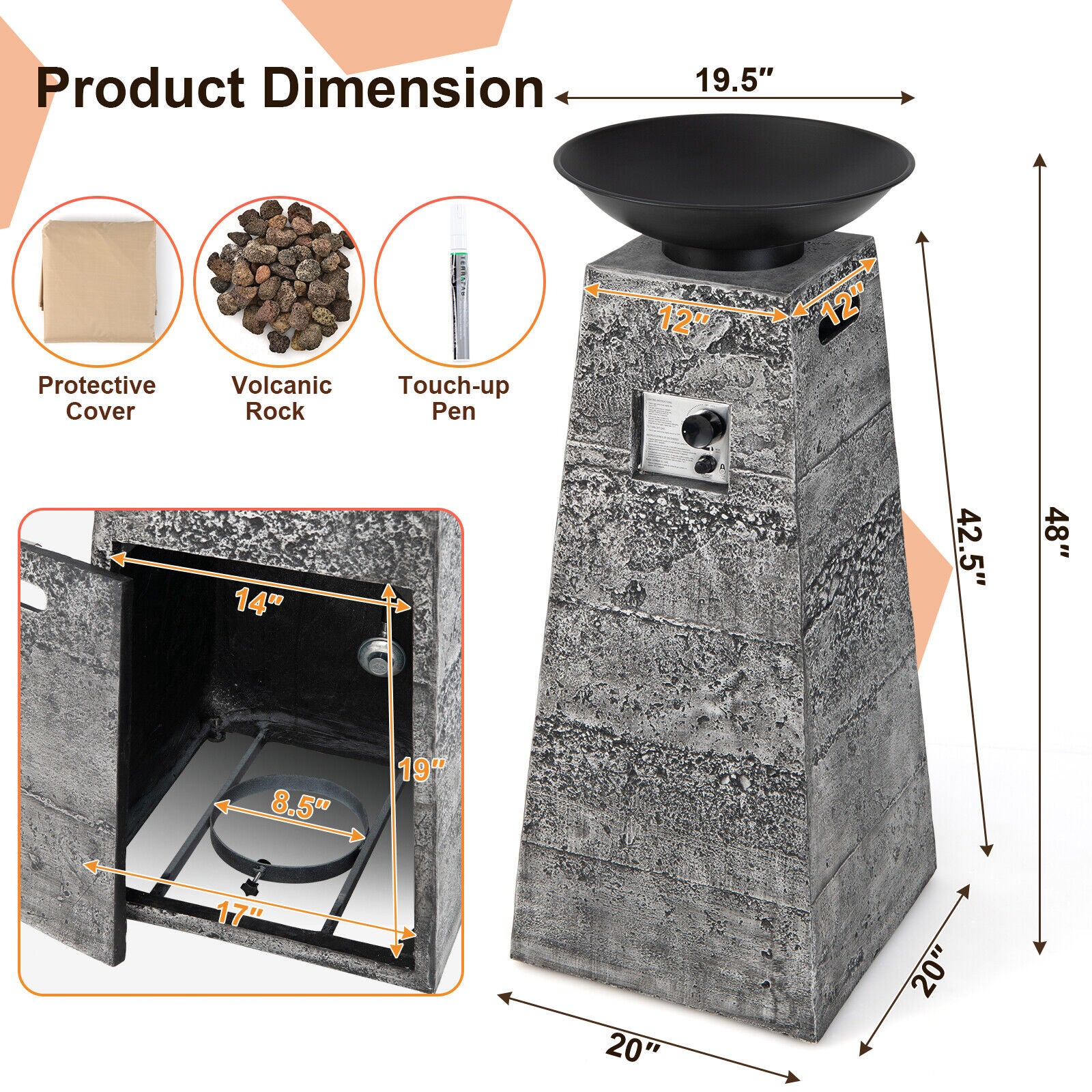 48 Inch Propane Fire Bowl Column with Lava Rocks and PVC Cover, Gray Fire Pits at Gallery Canada