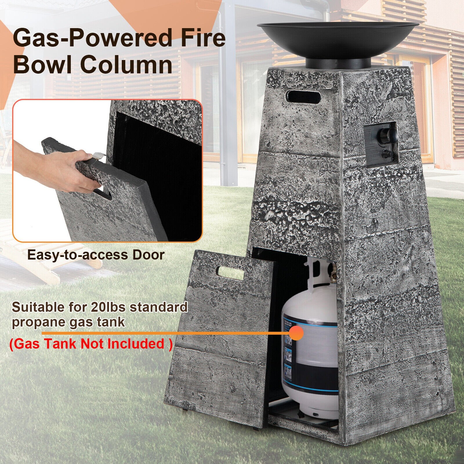 48 Inch Propane Fire Bowl Column with Lava Rocks and PVC Cover, Gray Fire Pits   at Gallery Canada