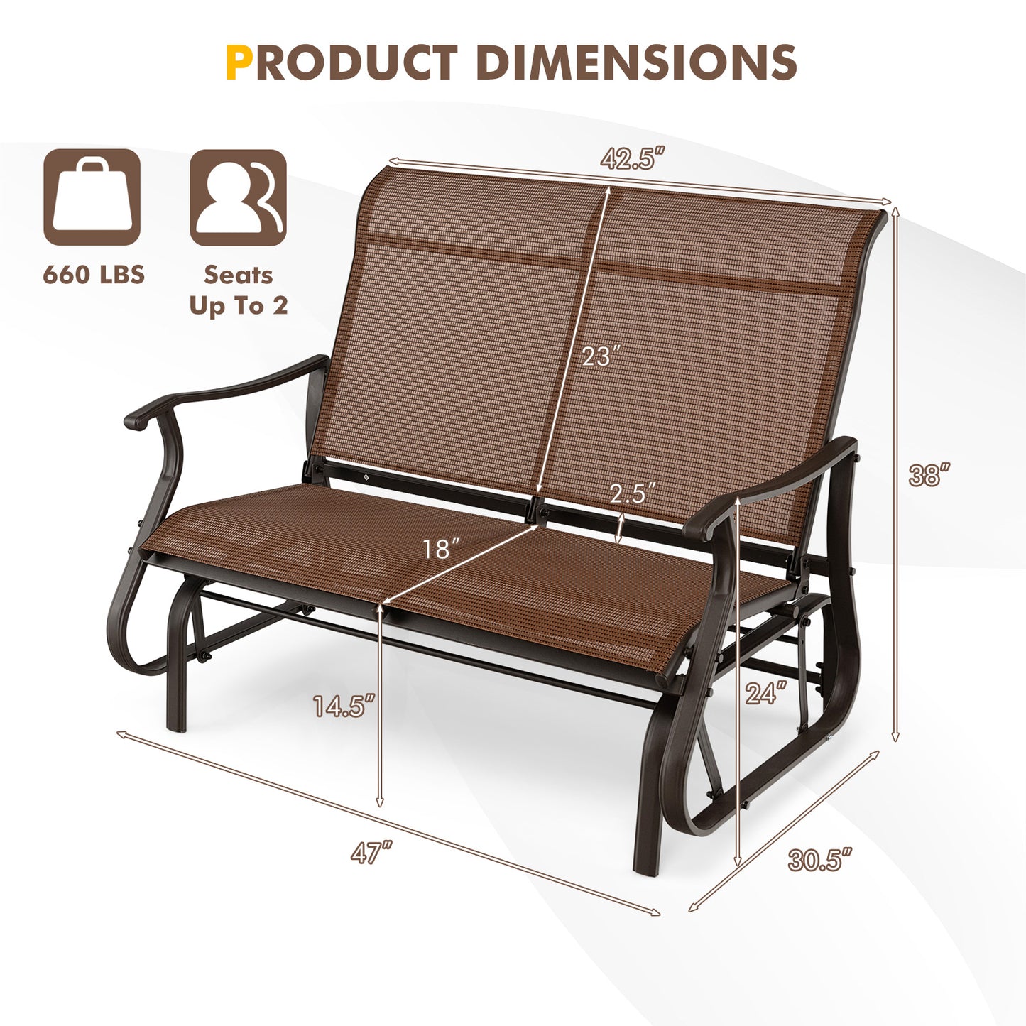 2-Person Patio Glider Bench with High Back and Curved Armrests, Brown - Gallery Canada