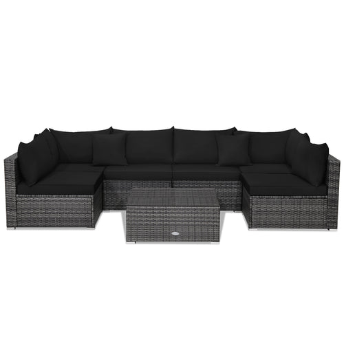 7 Pieces Patio Rattan Furniture Set Sectional Sofa Garden Cushion, Black