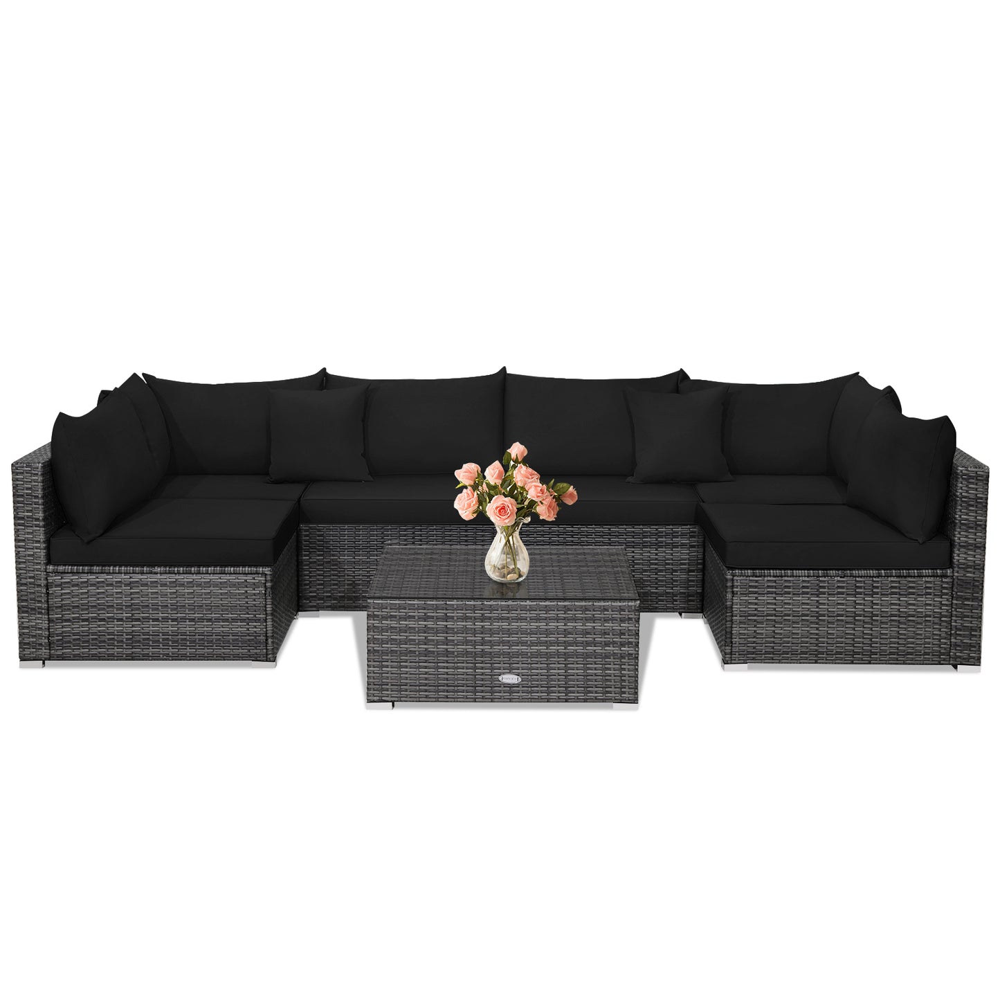 7 Pieces Patio Rattan Furniture Set Sectional Sofa Garden Cushion, Black Outdoor Sectionals   at Gallery Canada