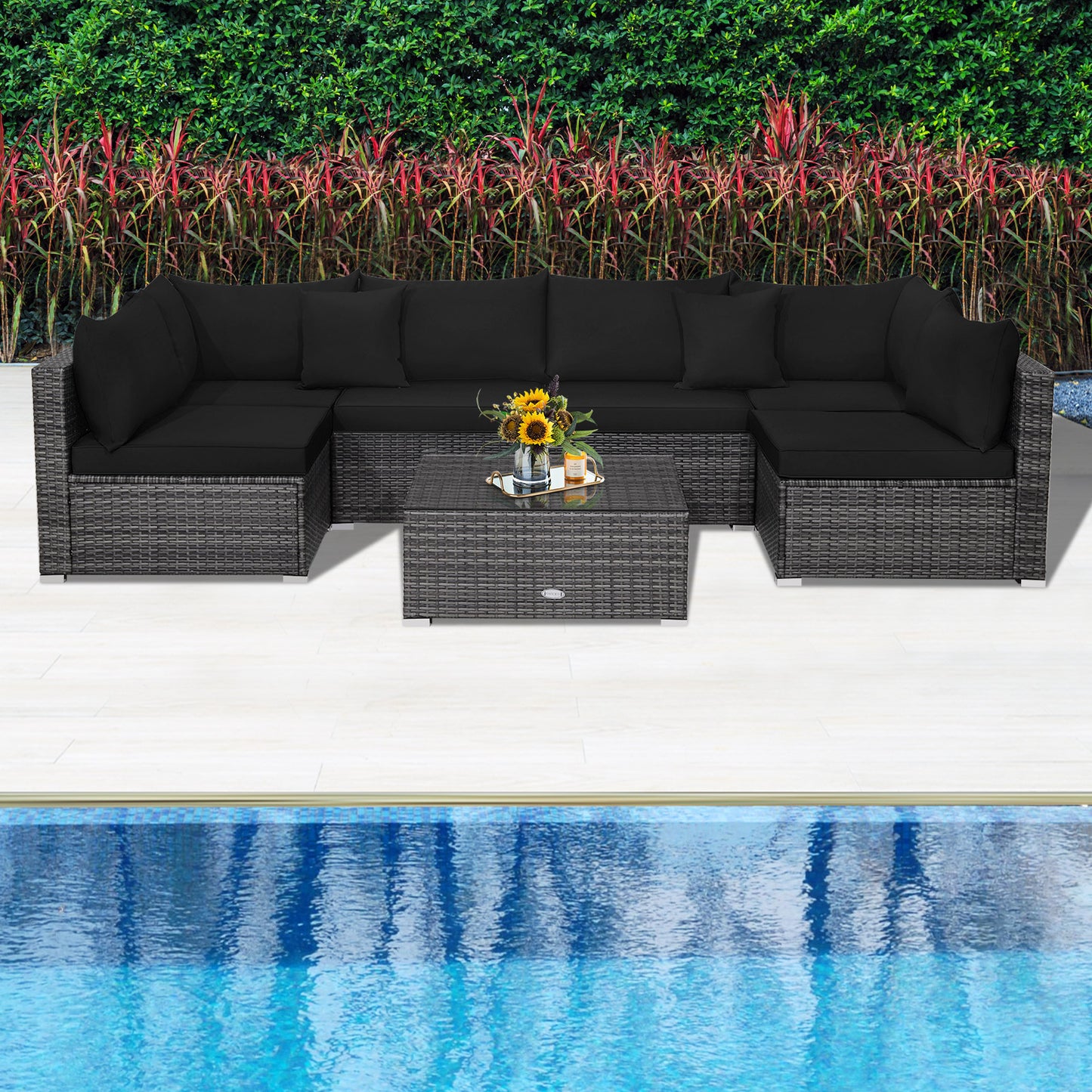 7 Pieces Patio Rattan Furniture Set Sectional Sofa Garden Cushion, Black Outdoor Sectionals   at Gallery Canada