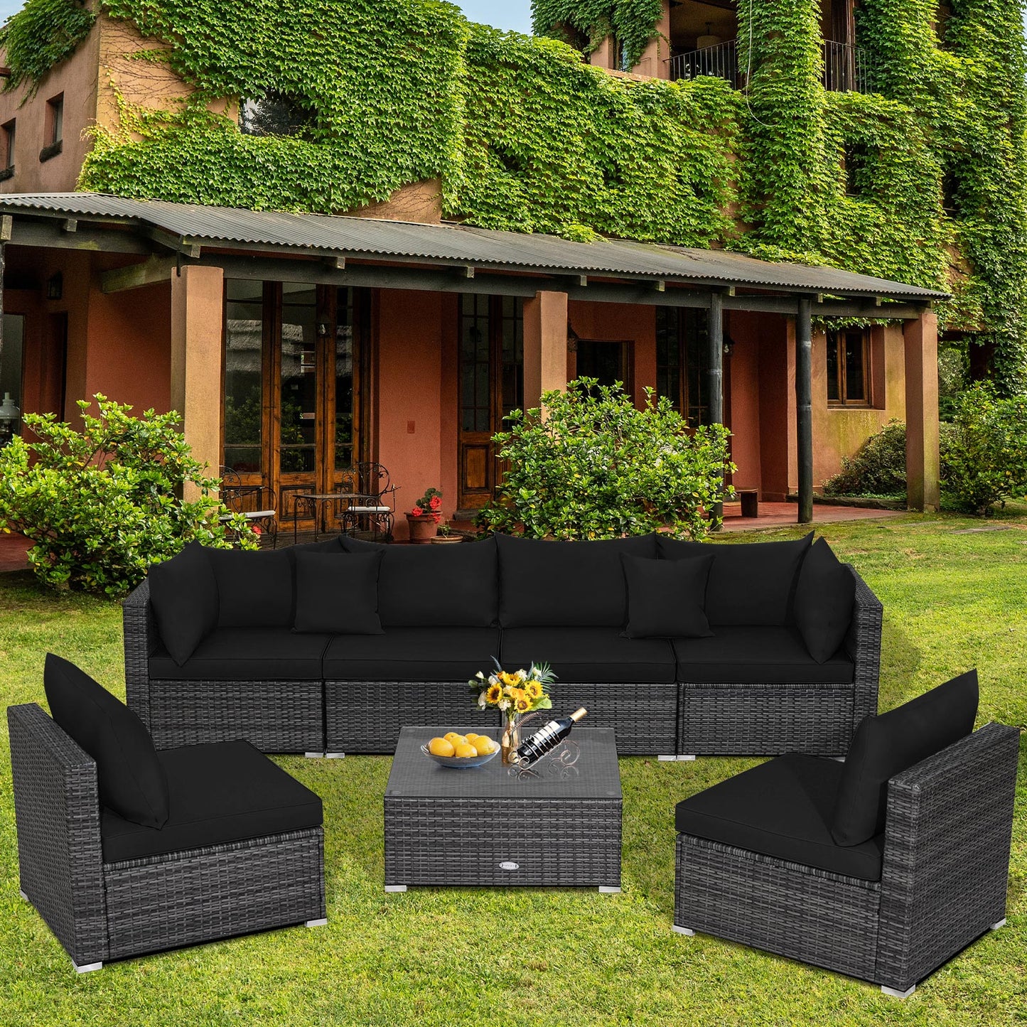 7 Pieces Patio Rattan Furniture Set Sectional Sofa Garden Cushion, Black Outdoor Sectionals   at Gallery Canada