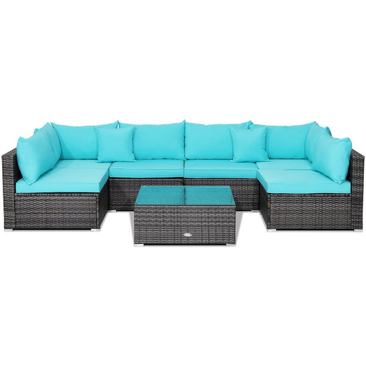 7 Pieces Patio Rattan Furniture Set with Sectional Sofa Cushioned, Turquoise - Gallery Canada