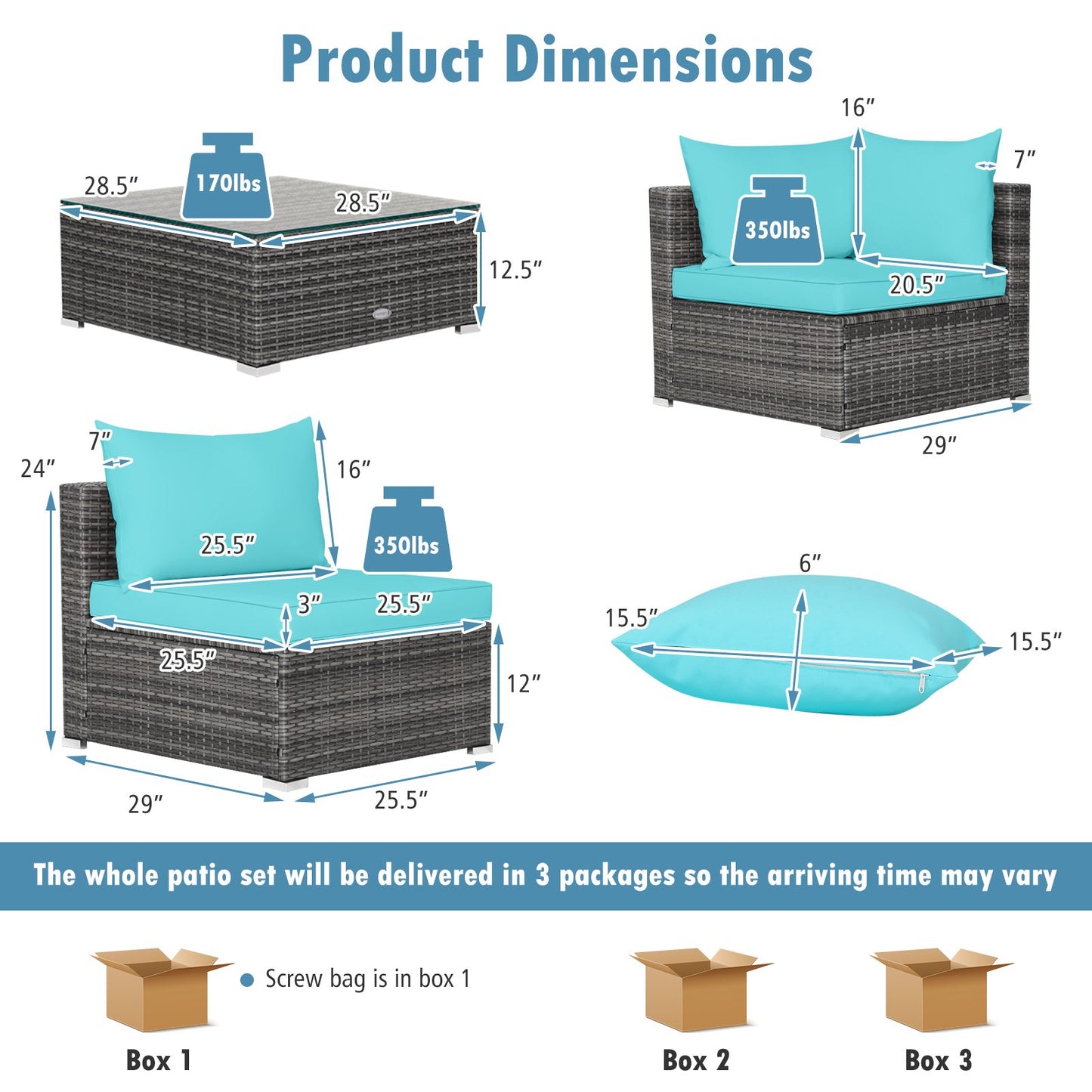 7 Pieces Patio Rattan Furniture Set with Sectional Sofa Cushioned, Turquoise Outdoor Sectionals   at Gallery Canada