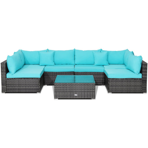 7 Pieces Patio Rattan Furniture Set with Sectional Sofa Cushioned, Turquoise