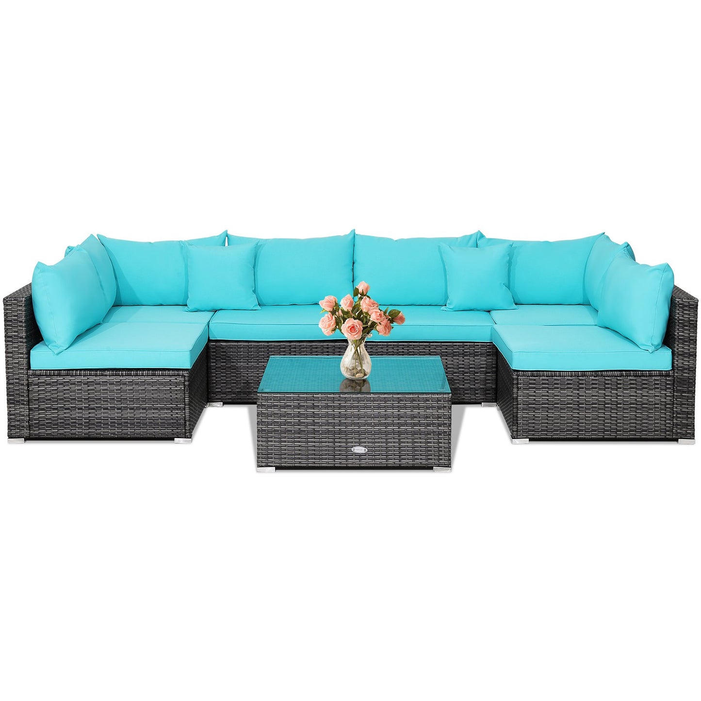 7 Pieces Patio Rattan Furniture Set with Sectional Sofa Cushioned, Turquoise Outdoor Sectionals   at Gallery Canada