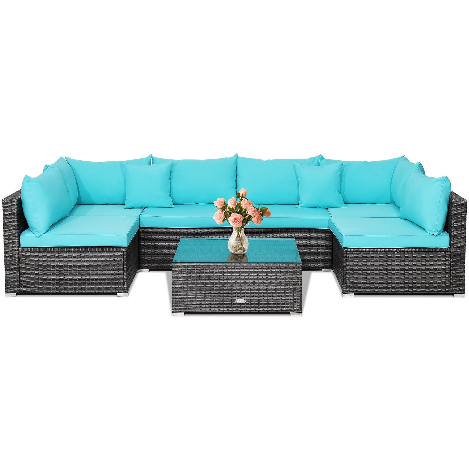 7 Pieces Patio Rattan Furniture Set with Sectional Sofa Cushioned, Turquoise Outdoor Sectionals   at Gallery Canada