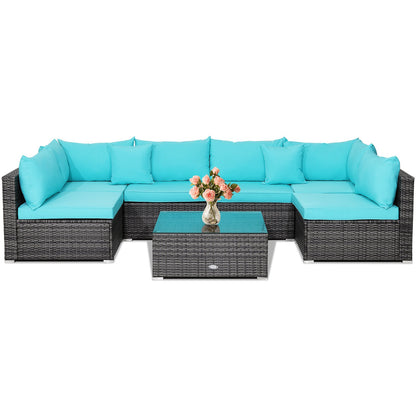 7 Pieces Patio Rattan Furniture Set with Sectional Sofa Cushioned, Turquoise Outdoor Sectionals   at Gallery Canada