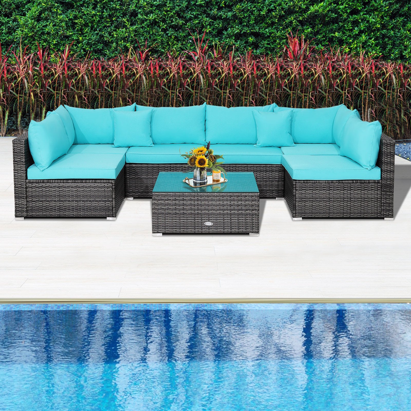 7 Pieces Patio Rattan Furniture Set with Sectional Sofa Cushioned, Turquoise Outdoor Sectionals   at Gallery Canada