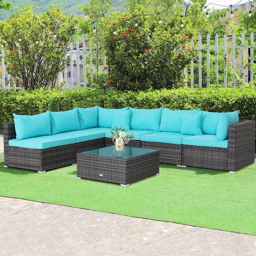 7 Pieces Patio Rattan Furniture Set with Sectional Sofa Cushioned, Turquoise