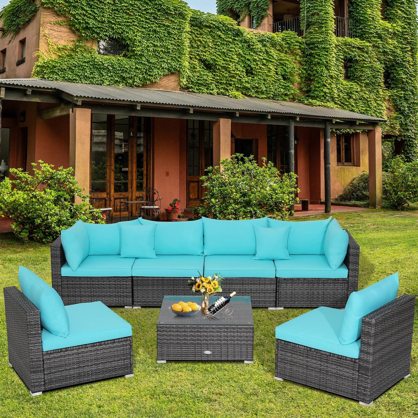 7 Pieces Patio Rattan Furniture Set with Sectional Sofa Cushioned, Turquoise Outdoor Sectionals   at Gallery Canada