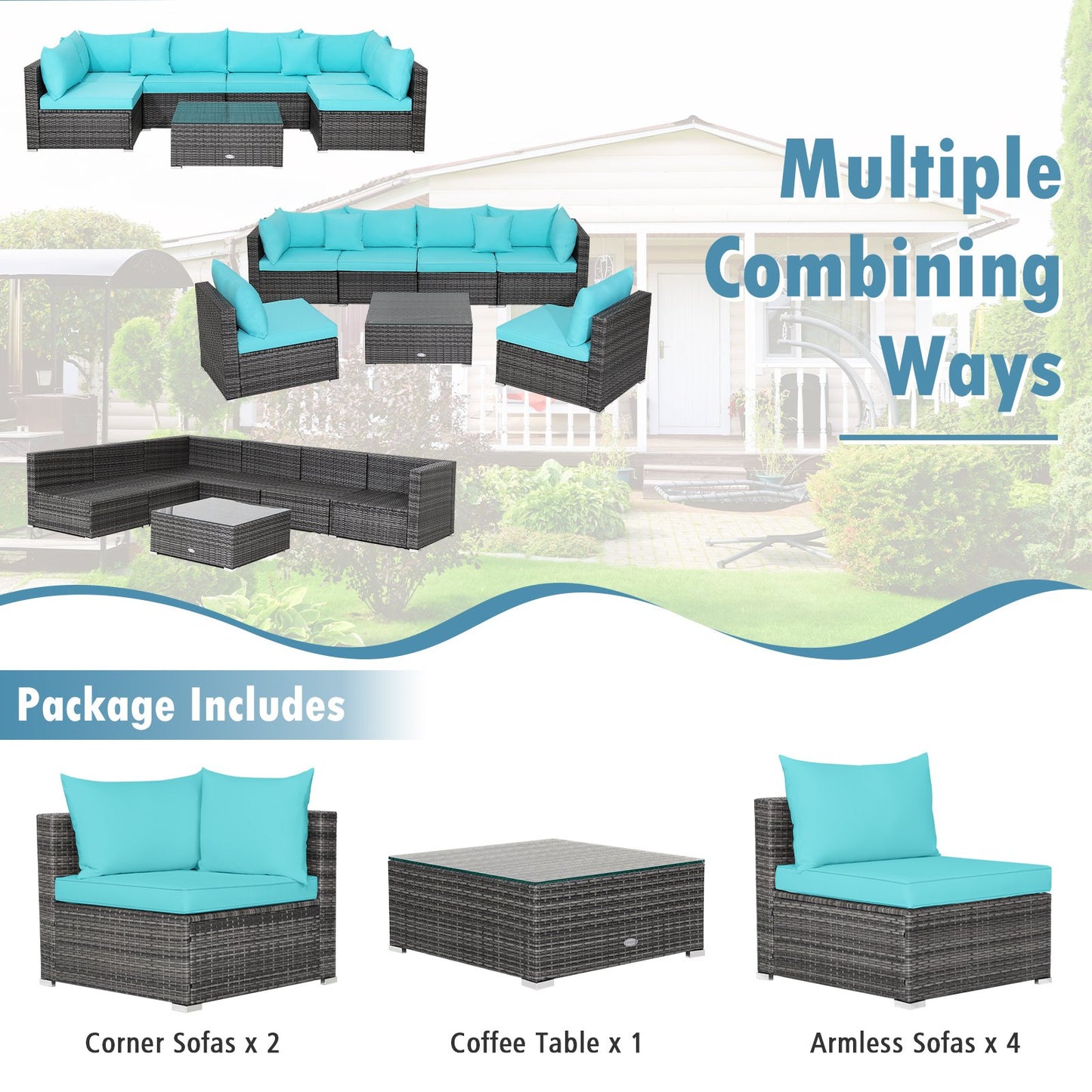 7 Pieces Patio Rattan Furniture Set with Sectional Sofa Cushioned, Turquoise Outdoor Sectionals   at Gallery Canada