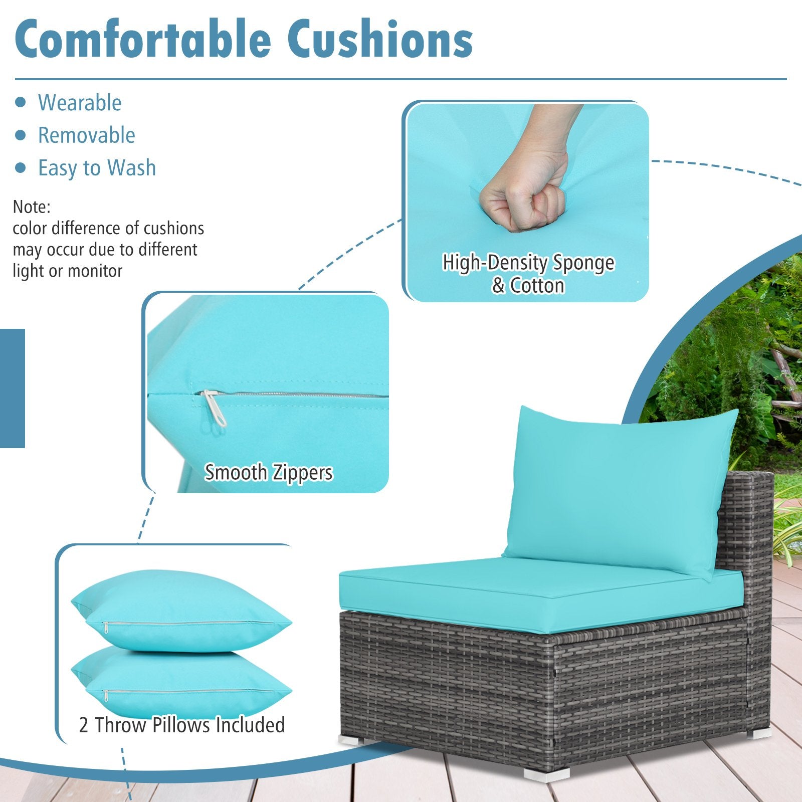 7 Pieces Patio Rattan Furniture Set with Sectional Sofa Cushioned, Turquoise Outdoor Sectionals   at Gallery Canada