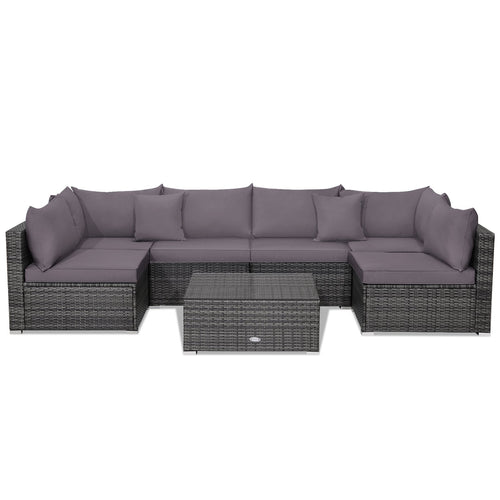 7 Pieces Patio Rattan Furniture Set Sectional Sofa Garden Cushion, Gray