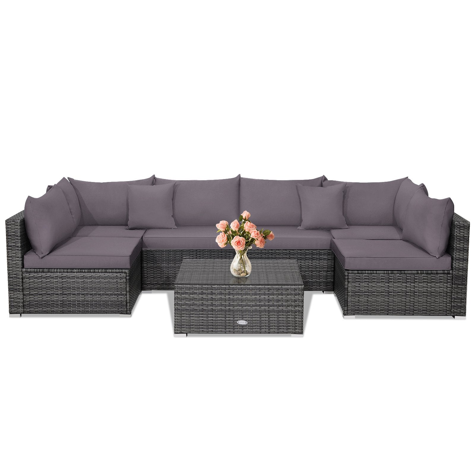 7 Pieces Patio Rattan Furniture Set Sectional Sofa Garden Cushion, Gray Outdoor Sectionals   at Gallery Canada