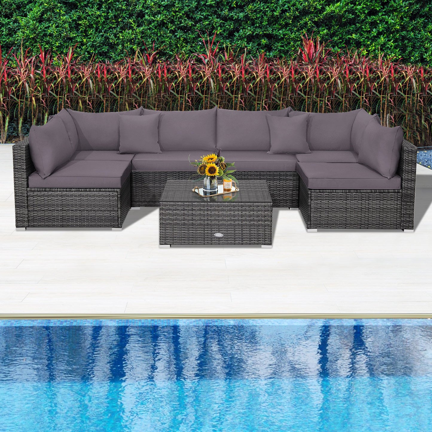 7 Pieces Patio Rattan Furniture Set Sectional Sofa Garden Cushion, Gray - Gallery Canada