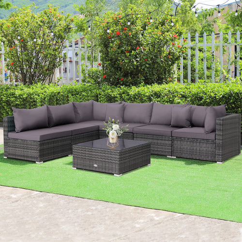 7 Pieces Patio Rattan Furniture Set Sectional Sofa Garden Cushion, Gray