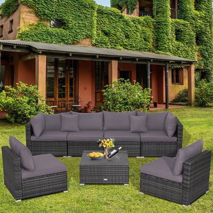 7 Pieces Patio Rattan Furniture Set Sectional Sofa Garden Cushion, Gray - Gallery Canada