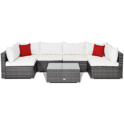 7 Pieces Patio Rattan Furniture Set Sectional Sofa Garden Cushion, White Outdoor Sectionals   at Gallery Canada