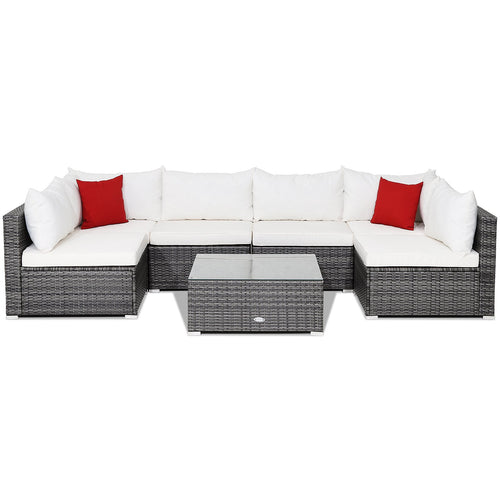 7 Pieces Patio Rattan Furniture Set Sectional Sofa Garden Cushion, White