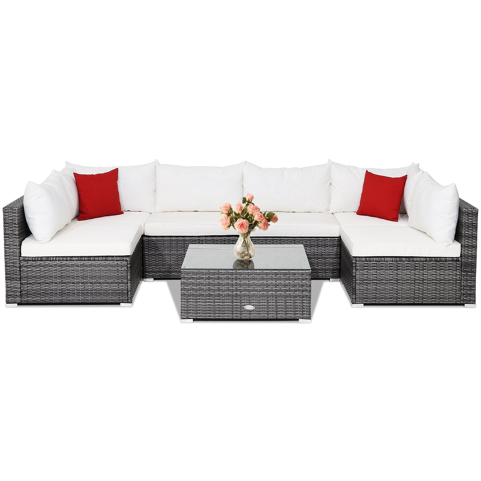 7 Pieces Patio Rattan Furniture Set Sectional Sofa Garden Cushion, White Outdoor Sectionals   at Gallery Canada