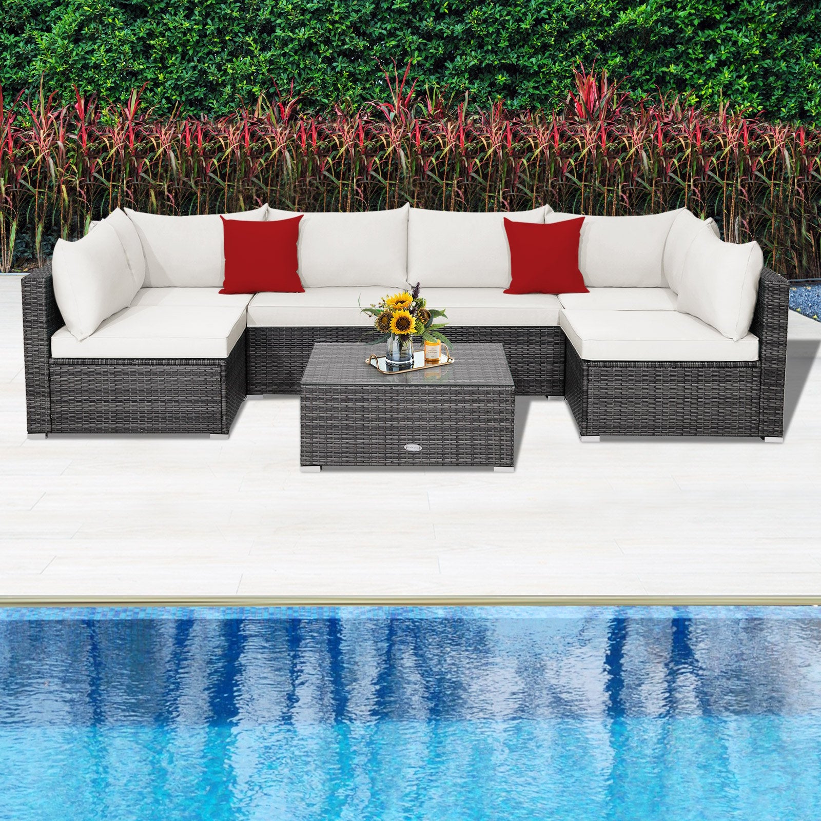 7 Pieces Patio Rattan Furniture Set Sectional Sofa Garden Cushion, White Outdoor Sectionals   at Gallery Canada