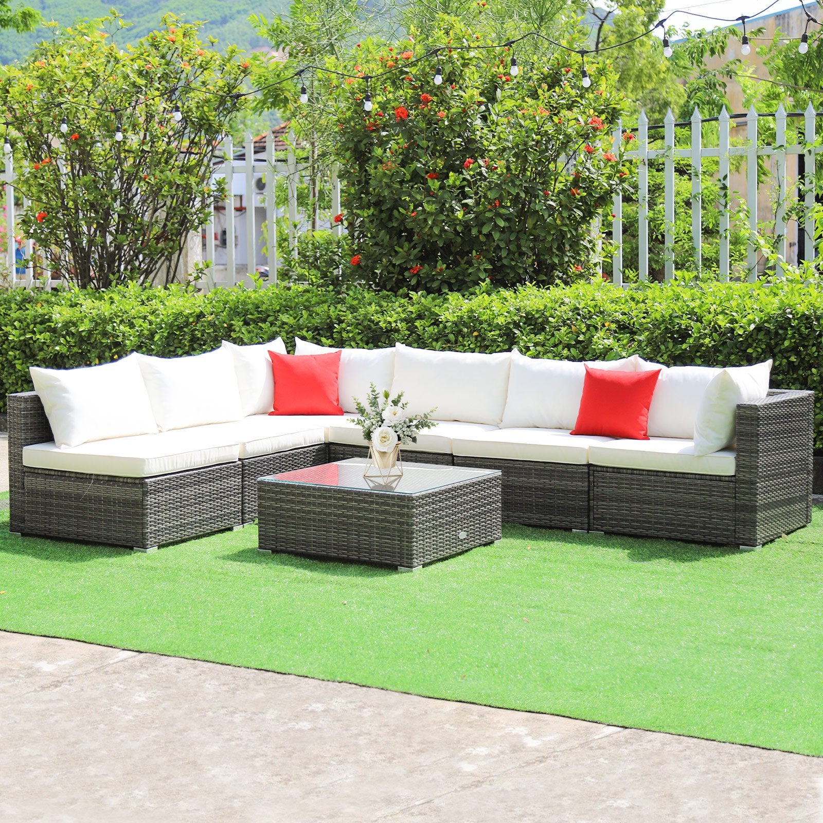 7 Pieces Patio Rattan Furniture Set Sectional Sofa Garden Cushion, White Outdoor Sectionals   at Gallery Canada