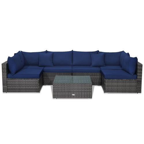 7 Pieces Patio Rattan Furniture Set Sectional Sofa Garden Cushion, Navy