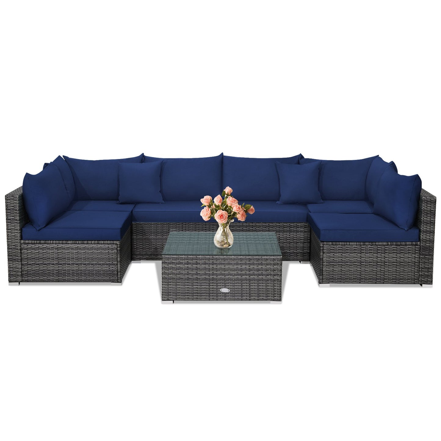 7 Pieces Patio Rattan Furniture Set Sectional Sofa Garden Cushion, Navy Outdoor Sectionals   at Gallery Canada