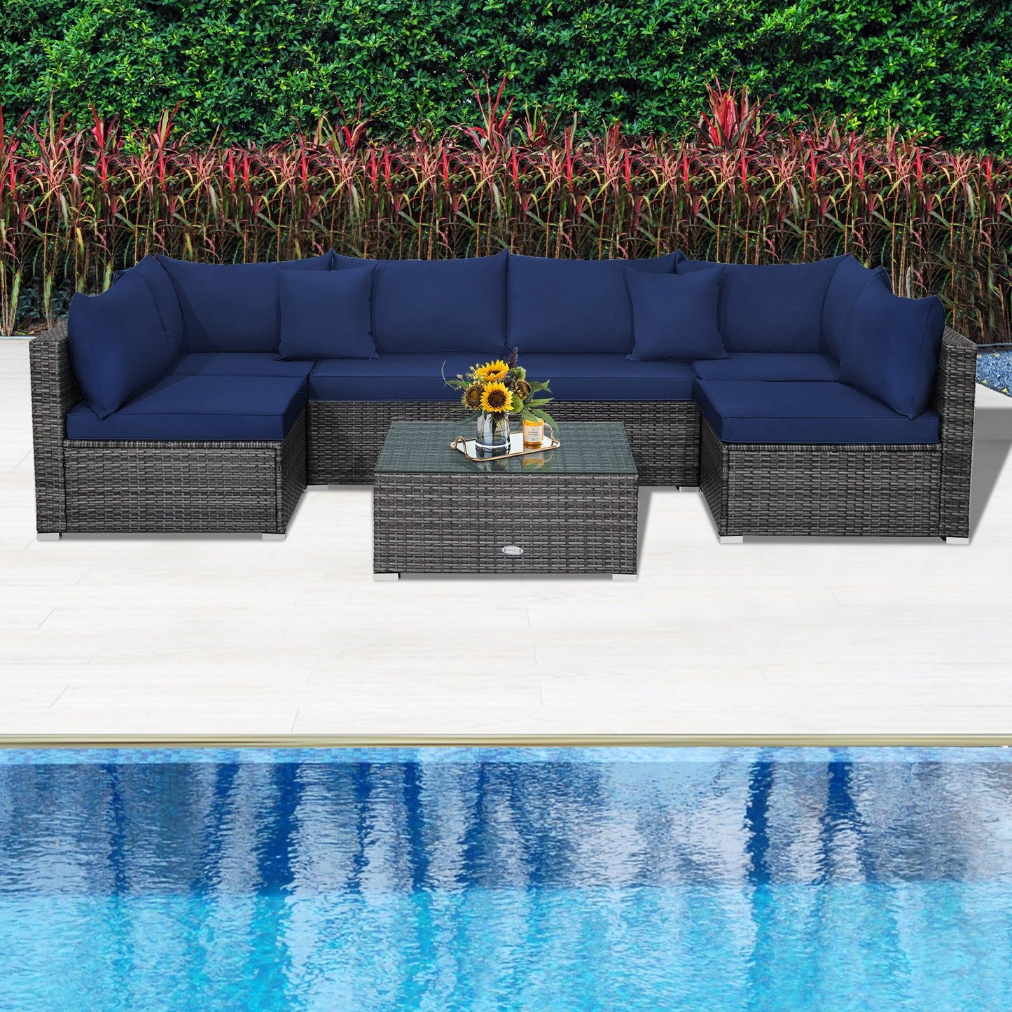 7 Pieces Patio Rattan Furniture Set Sectional Sofa Garden Cushion, Navy - Gallery Canada