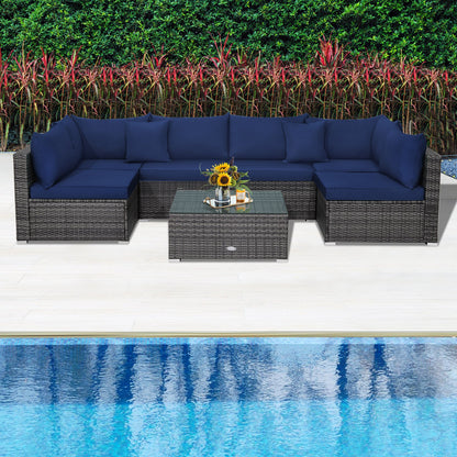 7 Pieces Patio Rattan Furniture Set Sectional Sofa Garden Cushion, Navy Outdoor Sectionals   at Gallery Canada