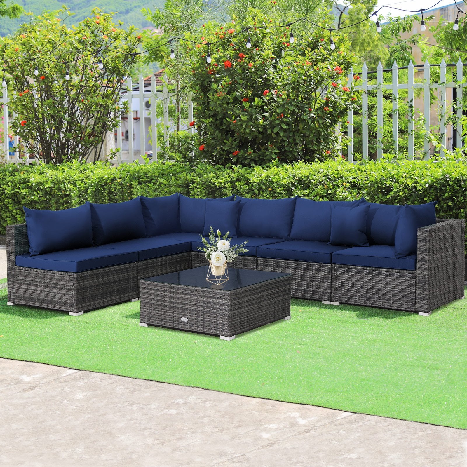 7 Pieces Patio Rattan Furniture Set Sectional Sofa Garden Cushion, Navy Outdoor Sectionals   at Gallery Canada