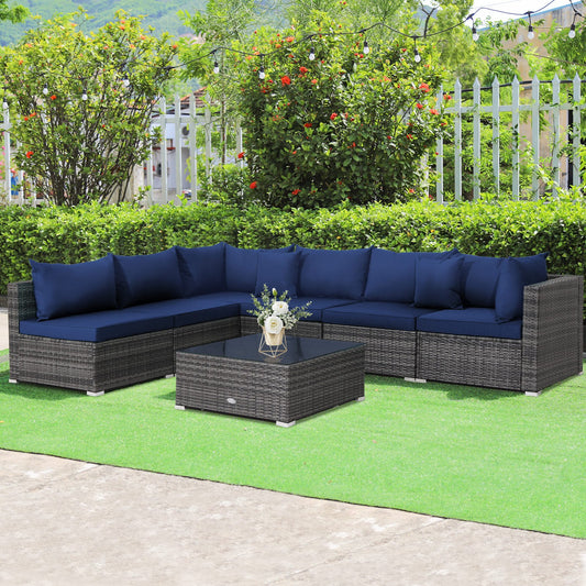 7 Pieces Patio Rattan Furniture Set Sectional Sofa Garden Cushion, Navy Outdoor Sectionals   at Gallery Canada
