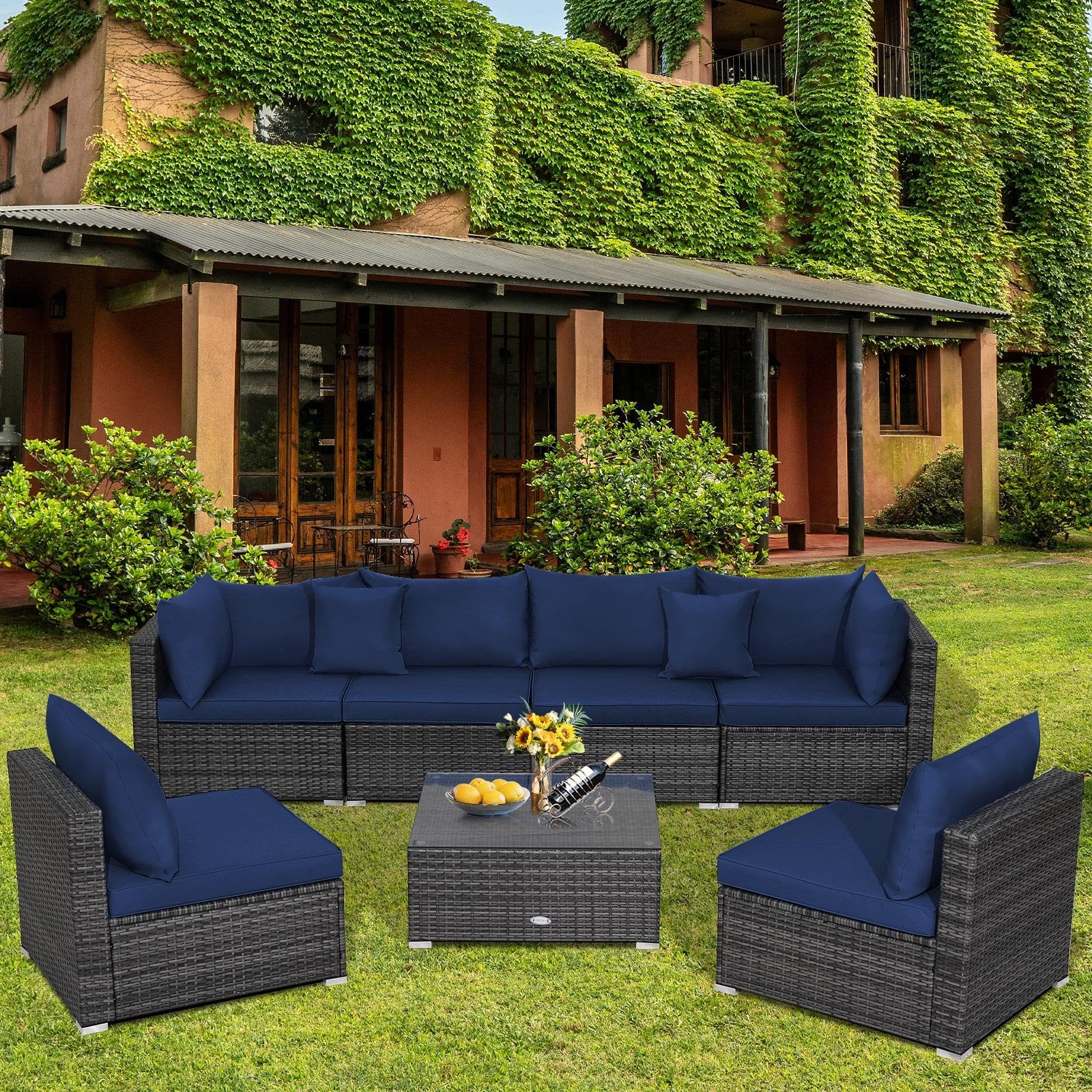 7 Pieces Patio Rattan Furniture Set Sectional Sofa Garden Cushion, Navy - Gallery Canada