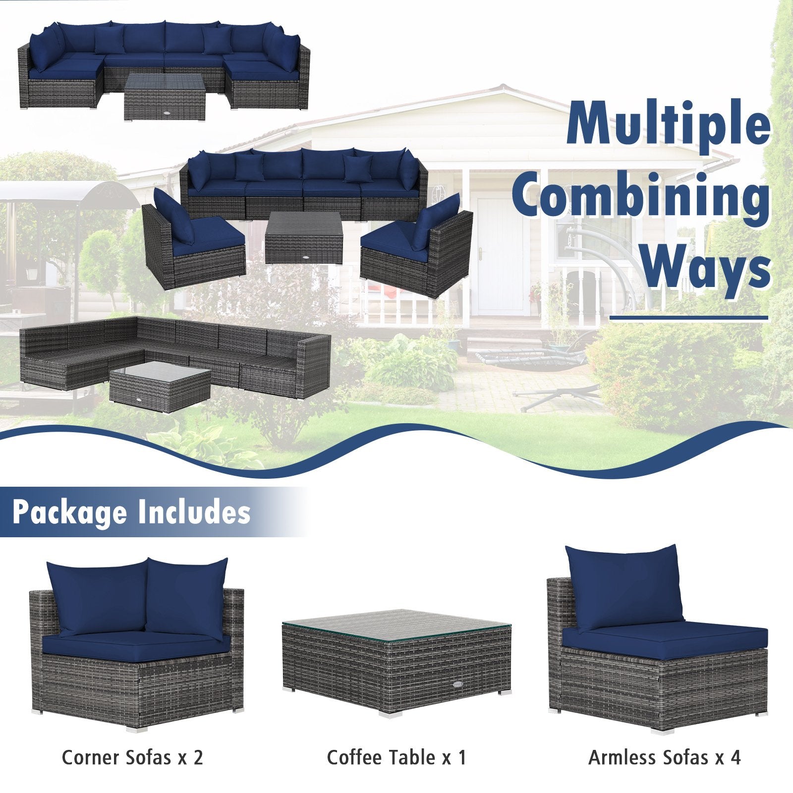 7 Pieces Patio Rattan Furniture Set Sectional Sofa Garden Cushion, Navy Outdoor Sectionals   at Gallery Canada