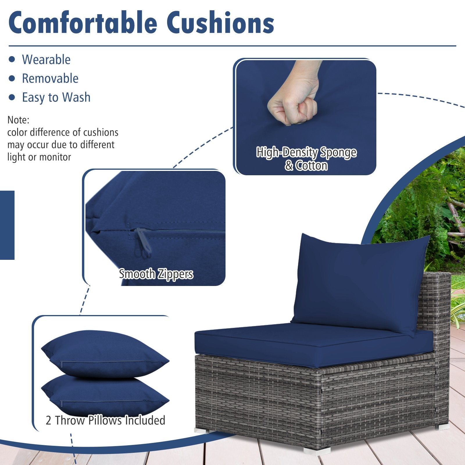 7 Pieces Patio Rattan Furniture Set Sectional Sofa Garden Cushion, Navy - Gallery Canada