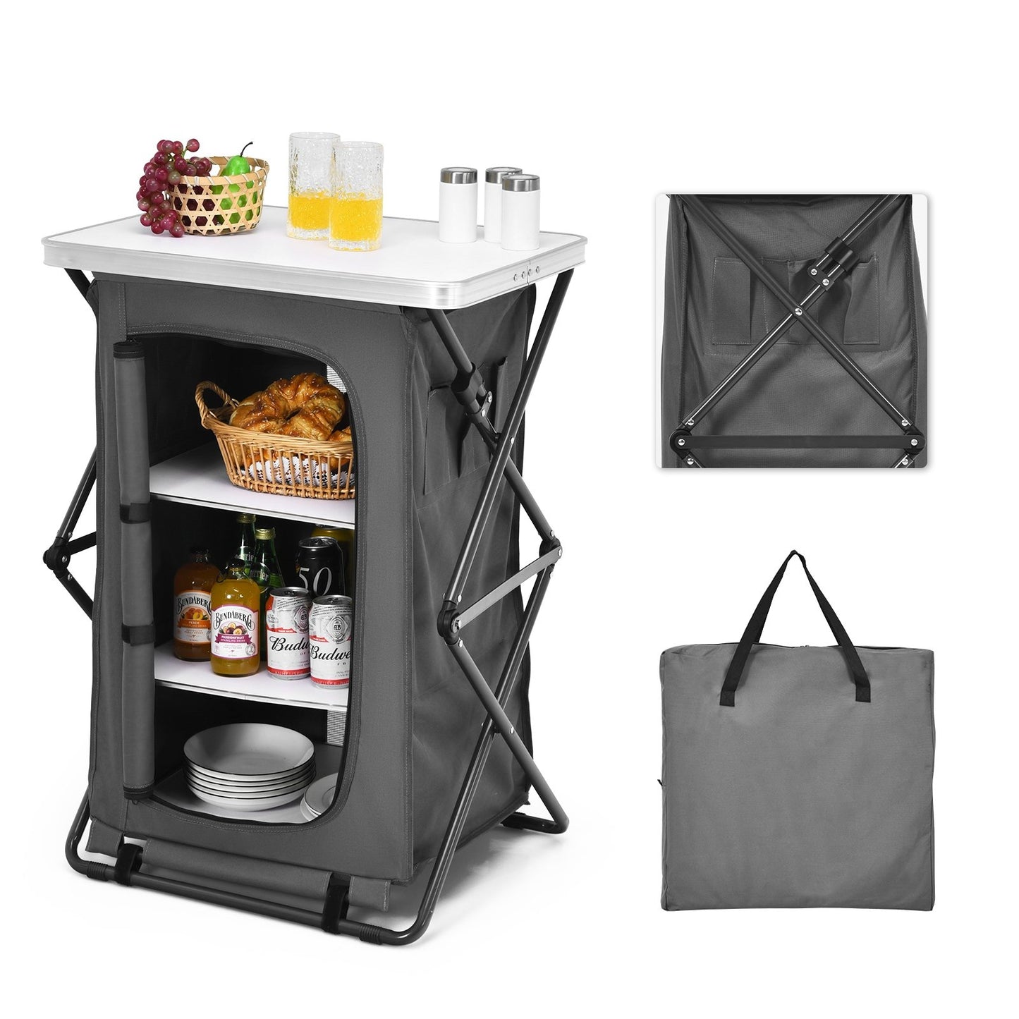 Folding Pop-Up Cupboard Compact Camping Storage Cabinet with Bag-M, Gray - Gallery Canada