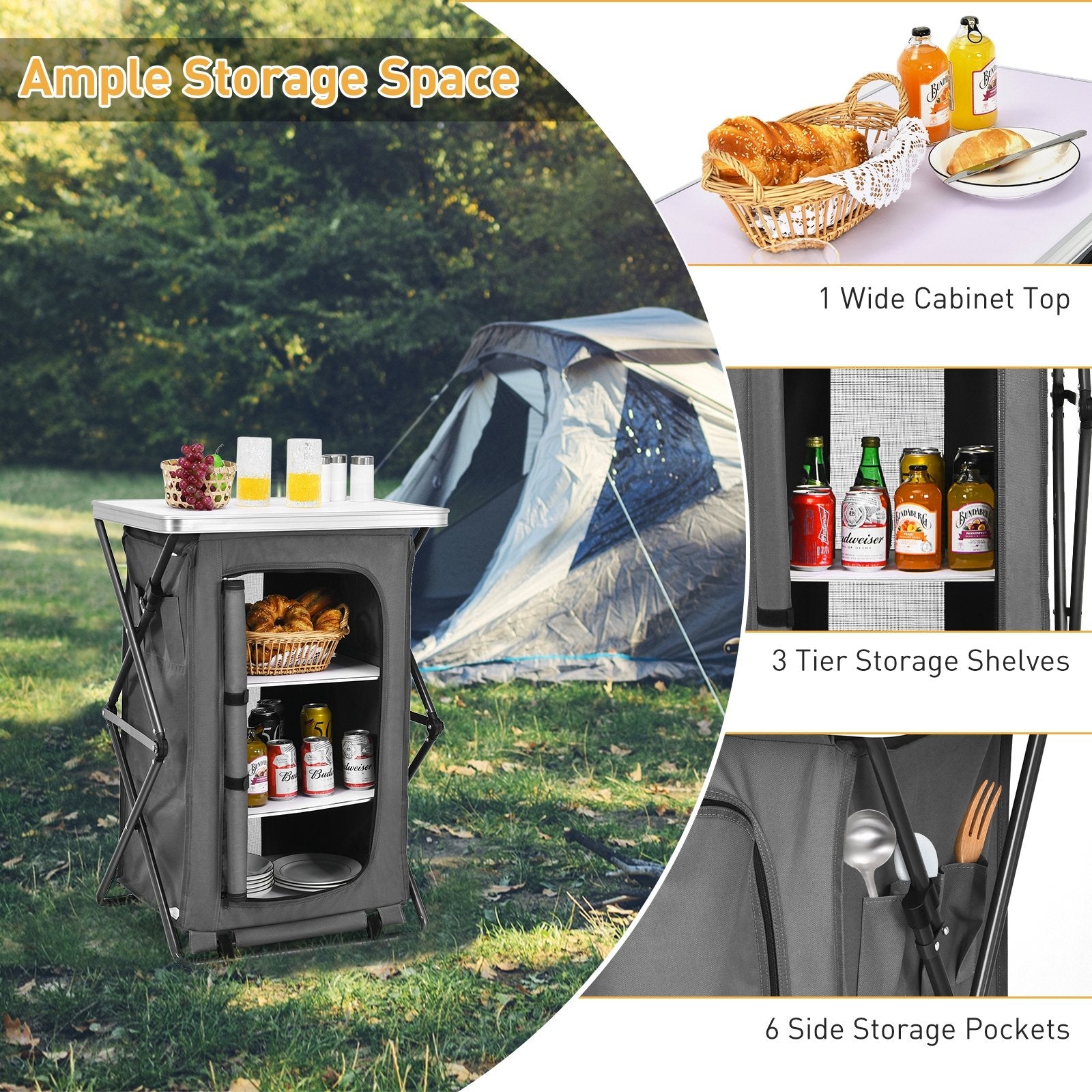 Folding Pop-Up Cupboard Compact Camping Storage Cabinet with Bag-M, Gray Camping Furniture   at Gallery Canada