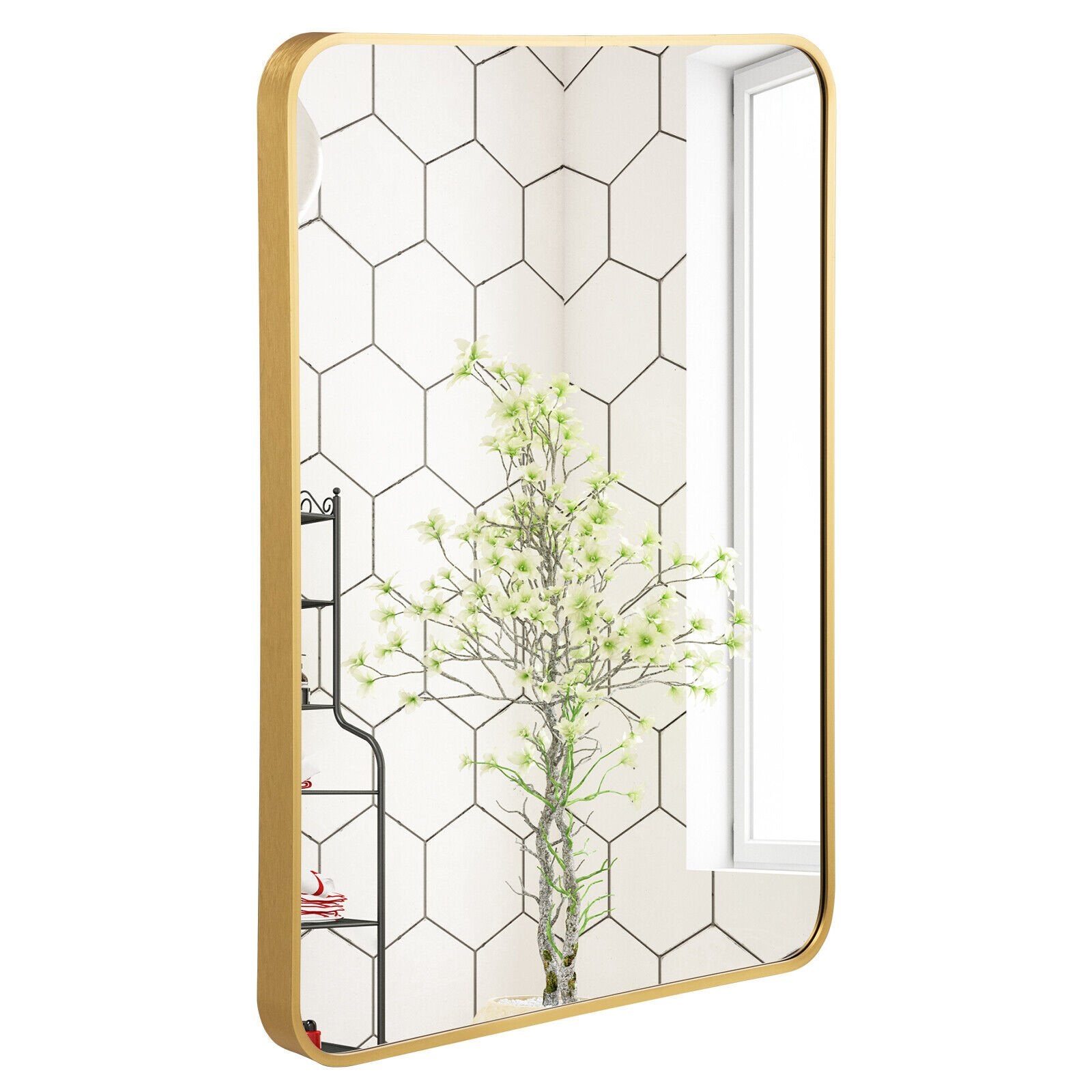 Metal Framed Bathroom Mirror with Rounded Corners, Golden Wall Mirrors   at Gallery Canada