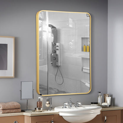 Metal Framed Bathroom Mirror with Rounded Corners, Golden Wall Mirrors   at Gallery Canada