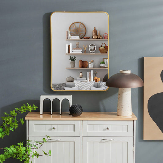 Metal Framed Bathroom Mirror with Rounded Corners, Golden Wall Mirrors   at Gallery Canada