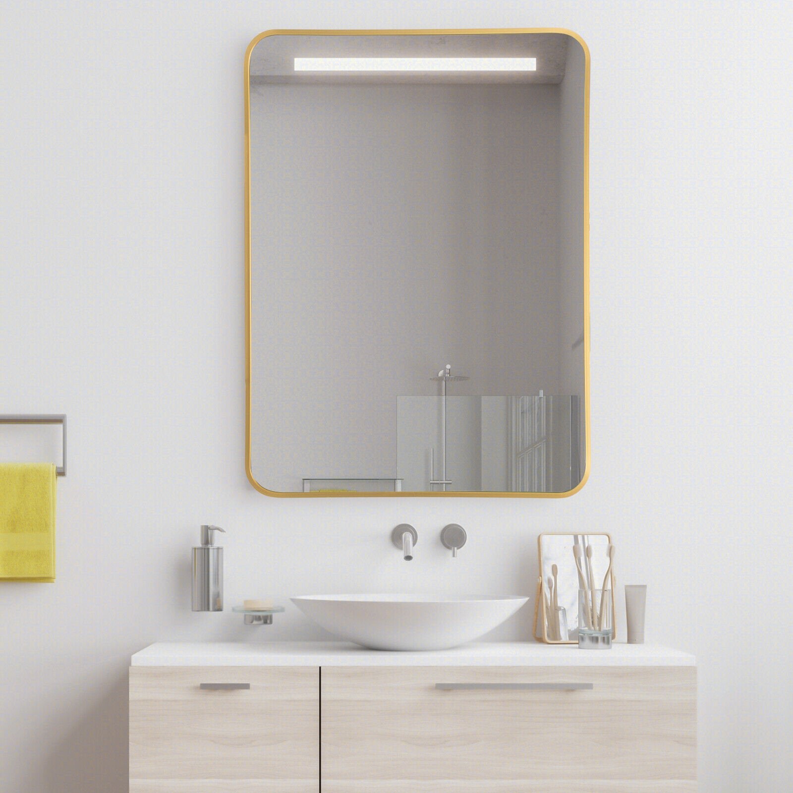 Metal Framed Bathroom Mirror with Rounded Corners, Golden Wall Mirrors   at Gallery Canada